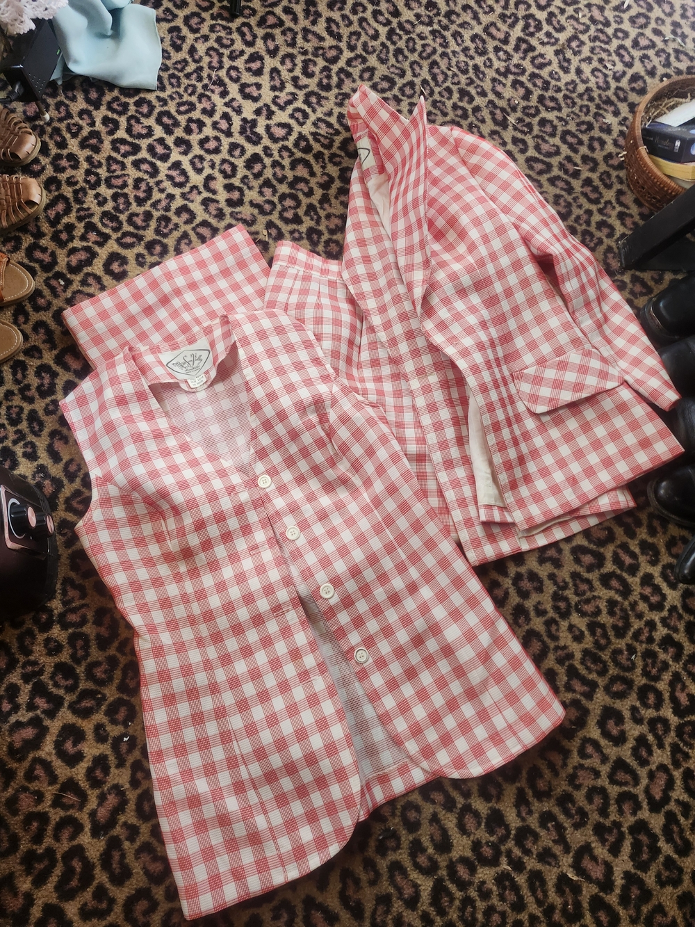 Vintage 70s Red Gingham 4 Piece Bellbottoms Vest & Blazer Jacket Skirt Set Small